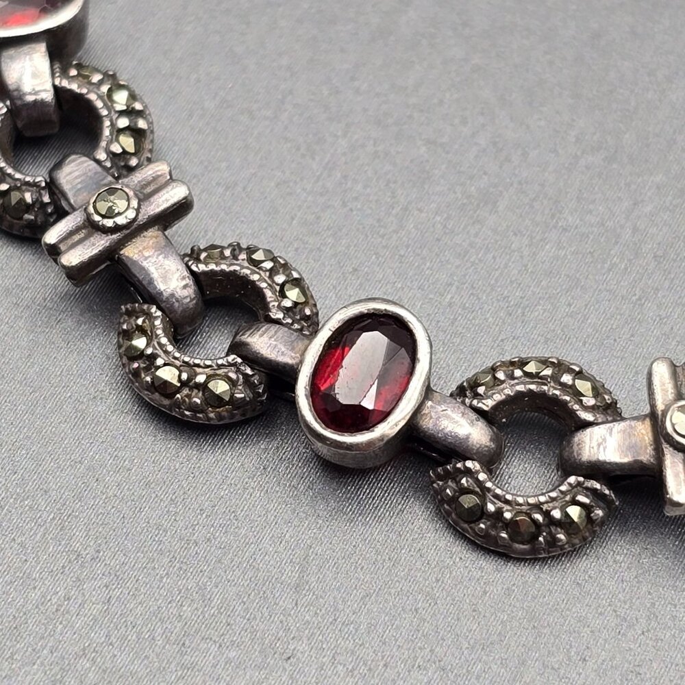 VTG Sterling Silver Garnet & Marcasite Link Bracelet 7.5" RF Hallmark Box Clasp - Picture 4 of 14